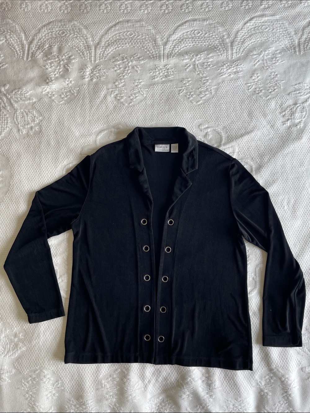 Chico's Travelers Black Open-Front Knit Blazer Size 2